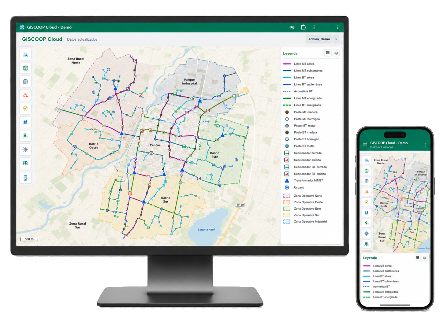 GISCOOP Cloud mostrando mapa operativo en PC y móvil